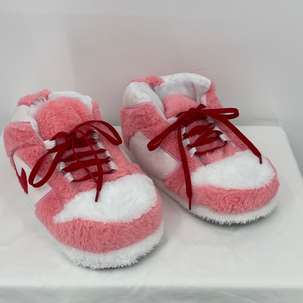 WOMENS SIZE 36-46 Pink & White Plush Sneaker Slippers - Soft Cozy Footwear